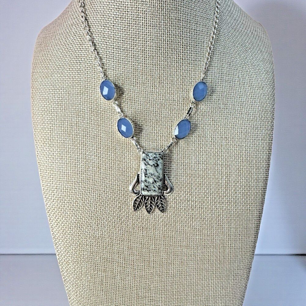 New 925 Silver Dendritic Agate Pendant Necklace Blue Stones